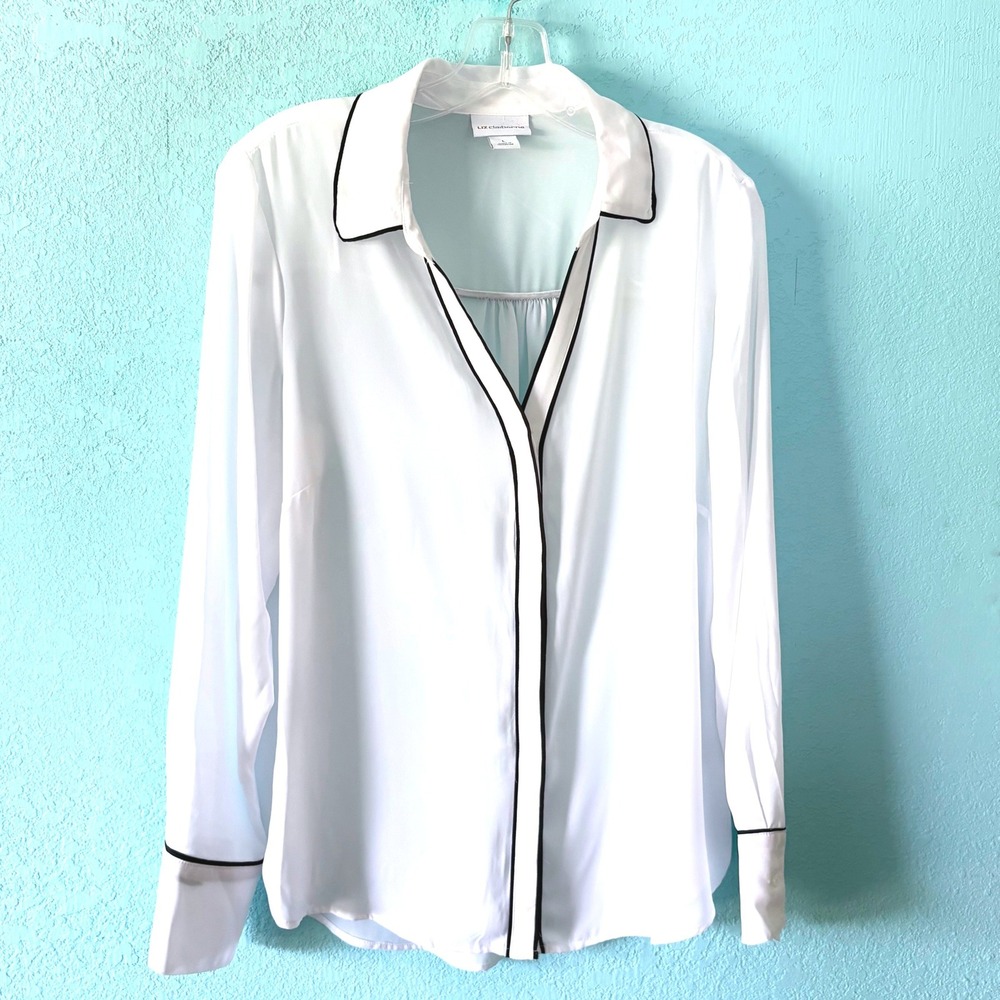 NWT Liz Claiborne White Blouse Black Contrast Trim Size Large